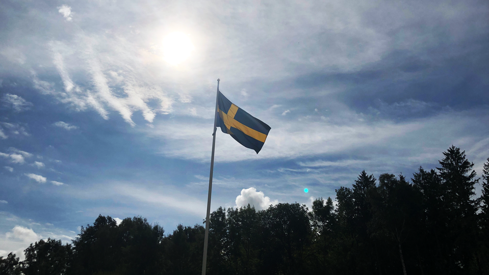 Svenska flaggan svajar i luften med träd i bakgrunden