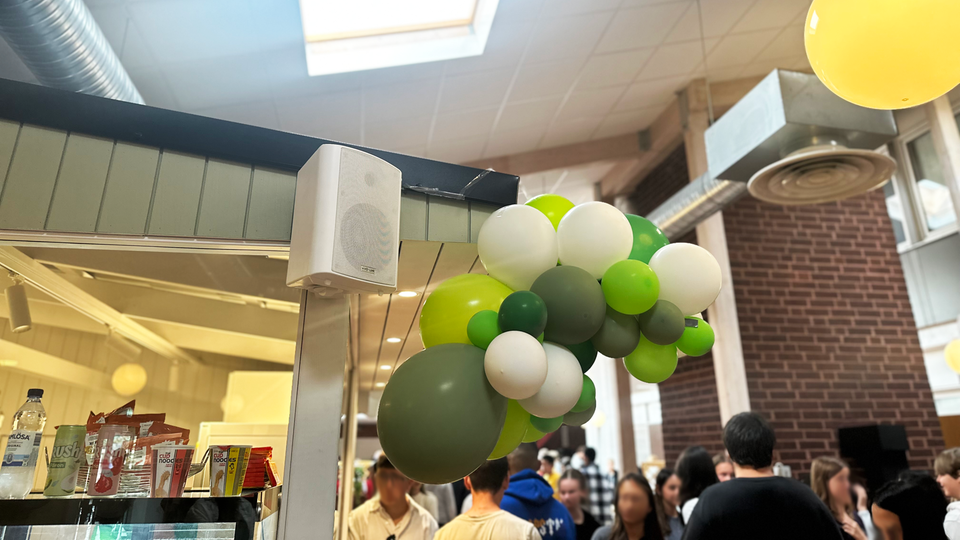 Gröna ballonger på Björnekullaskolans skolstartsfirande.