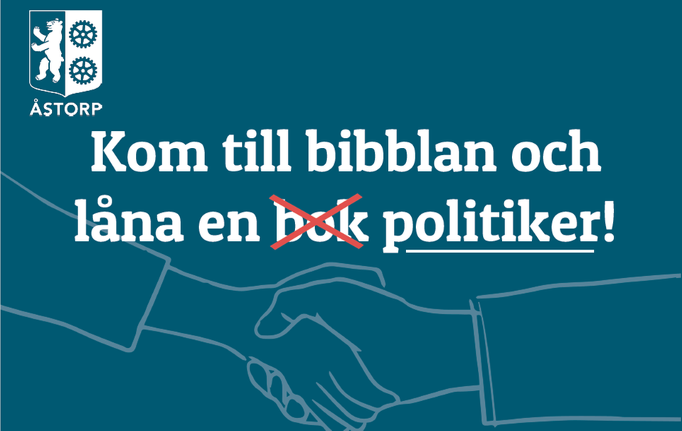 Bild med text "kom till bibblan och låna en politiker"