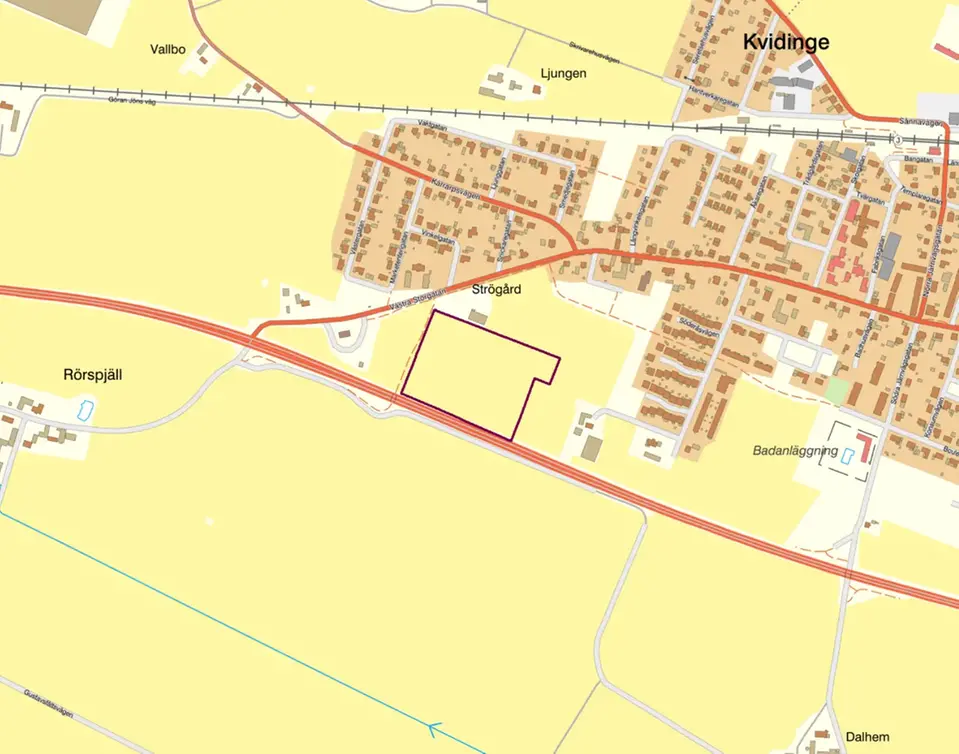 Lokaliseringsbild med utpekat planområde för ändring av detaljplan för Kvidinge 181:1