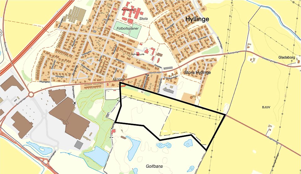Översiktskarta som visar planområdet för Lydinge Villapark, etapp 1